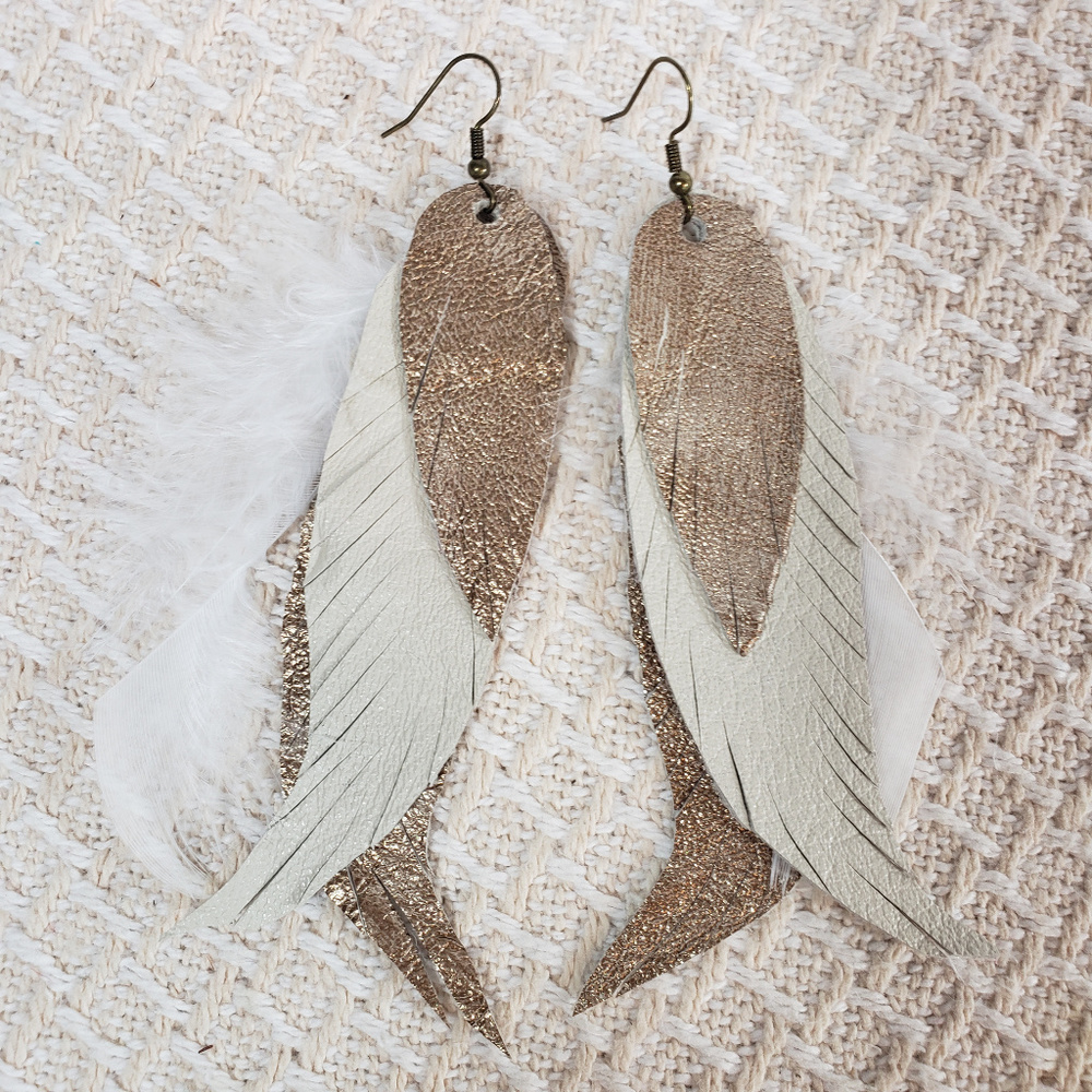 Feather Leather White Bronze Long Dangle Earrings